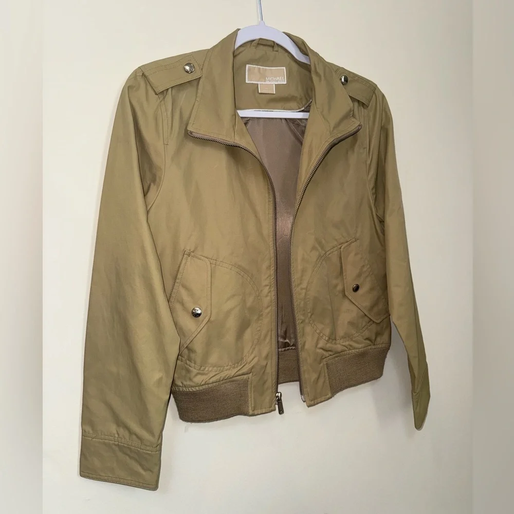Michael Kors Petite Small Utility Bomber Jacket Tan Zip Front